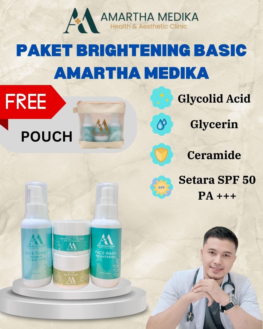 Produk Skincare Paket Brightening Basic (FACE WASH, TONER, GLOW MOISTURIZER & SUNSCREEN NORMAL TO DRY SKIN) dari Amartha Medika
